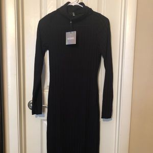 Long sleeve turtle neck black midi dress